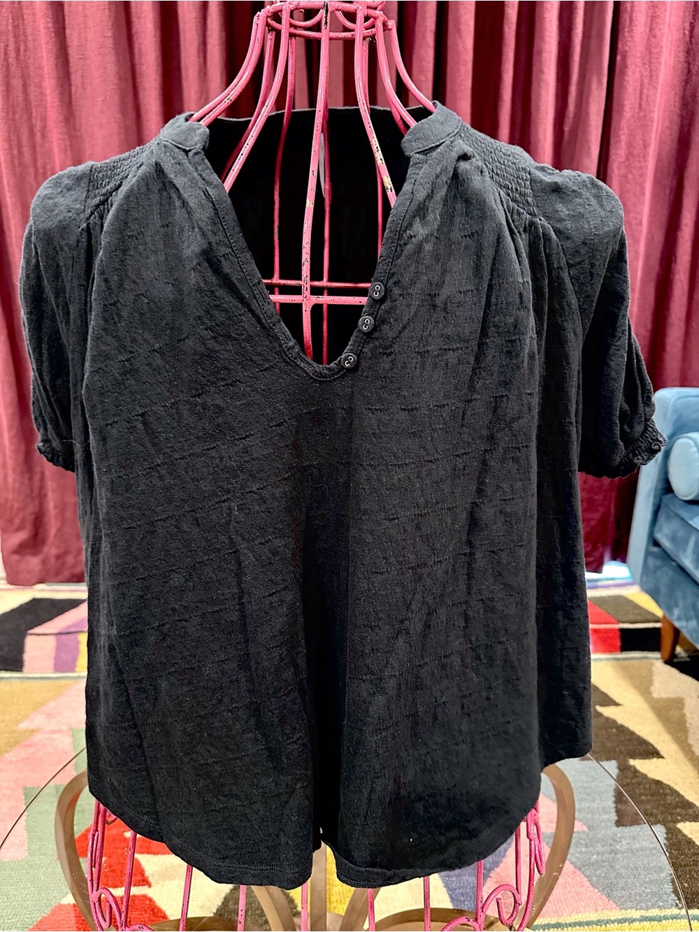Free People Black V-Neck Button Short Sleeve Top